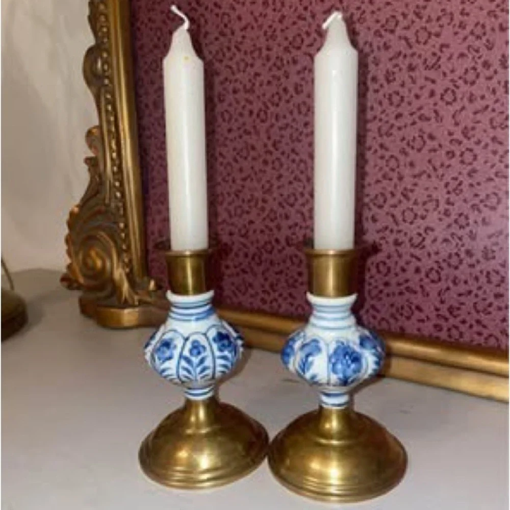 Solid Brass Delft Floral Blue White Porcelain2/  Taper 5” Candlestick Holders